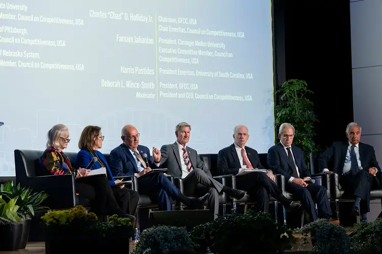 President Jahanian (third from left) joins national academic leaders on the opening panel, “The Health, AI and Productivity Imperative.”
