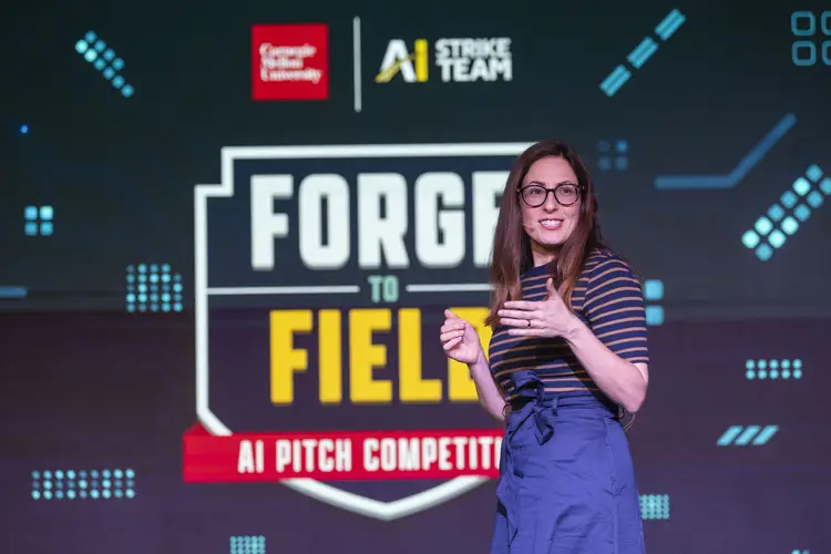 Meredith Meyer Grelli kicks off the pitch competition at the “Powering the Future of Sport: A Draft Week Showcase and AI Pitch Competition”, on April 22, 2026 at the Robotics Innovation Center in Hazelwood Green.