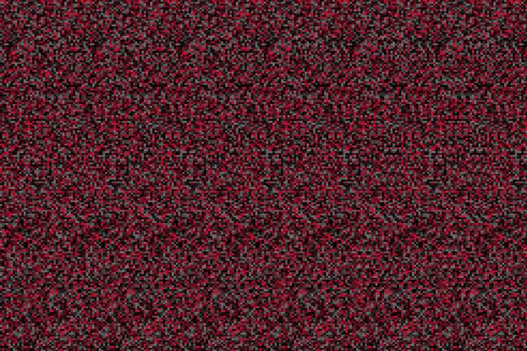 A magic eye image. The image is red, gray and black pixels, representing a stereogram. By staring at the image, a Scotty Dog, CMU's mascot, is revealed in the center. 