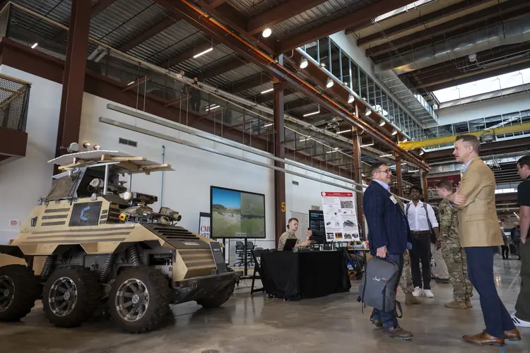 The NREC-developed Sabercat autonomous ground vehicle and CMU’s SteelEagle autonomous drone system were displayed during the U.S. Army Robotics, AI & Autonomy Forum, held June 18, 2026 at CMU’s Robotics Innovation Center in Hazelwood Green. 